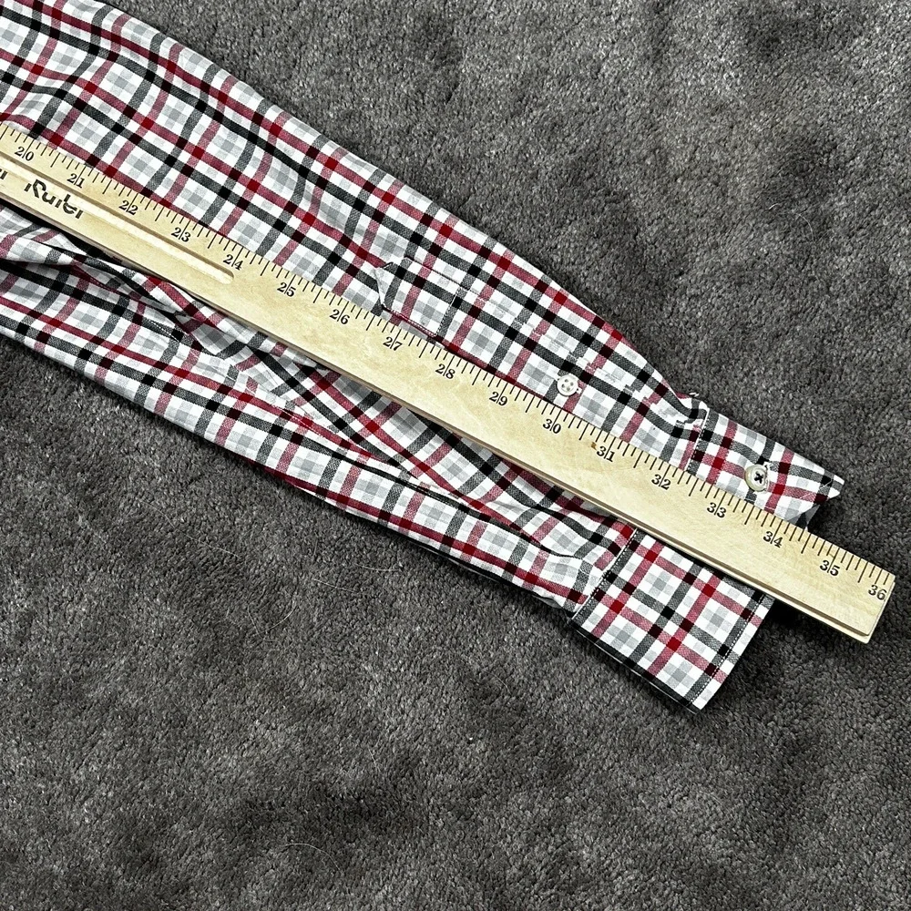 Banana Republic Men L Camden Fit Non-Iron Red Gray Black Herringbone Plaid Shirt